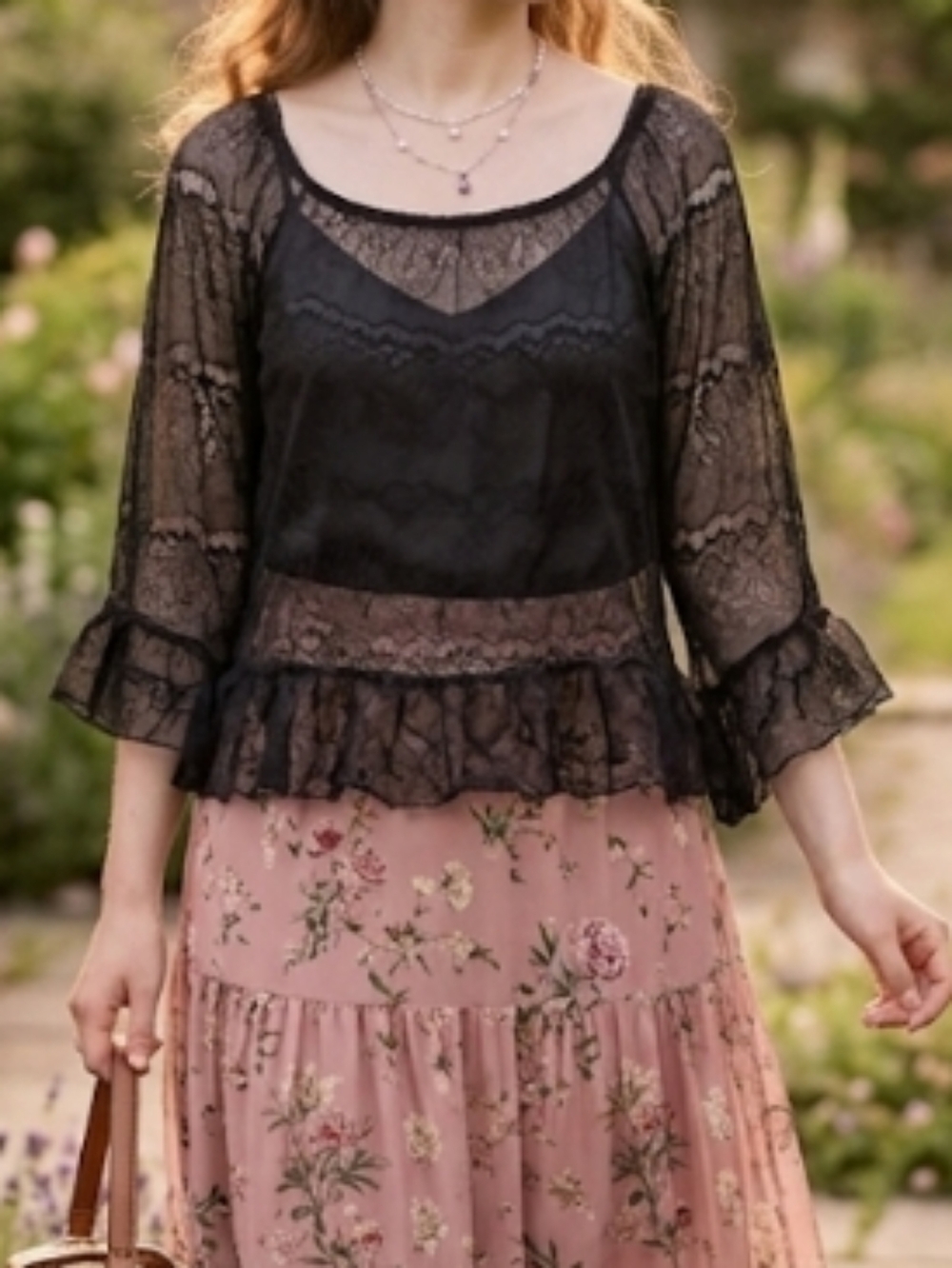 Miss Chievous Y2K Black Lace Peplum Top with Sheer Sleeves